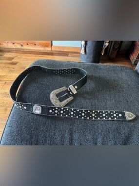 Y2K Rhinestone Embellished Studded Black Leather Western Style Buckle Belt